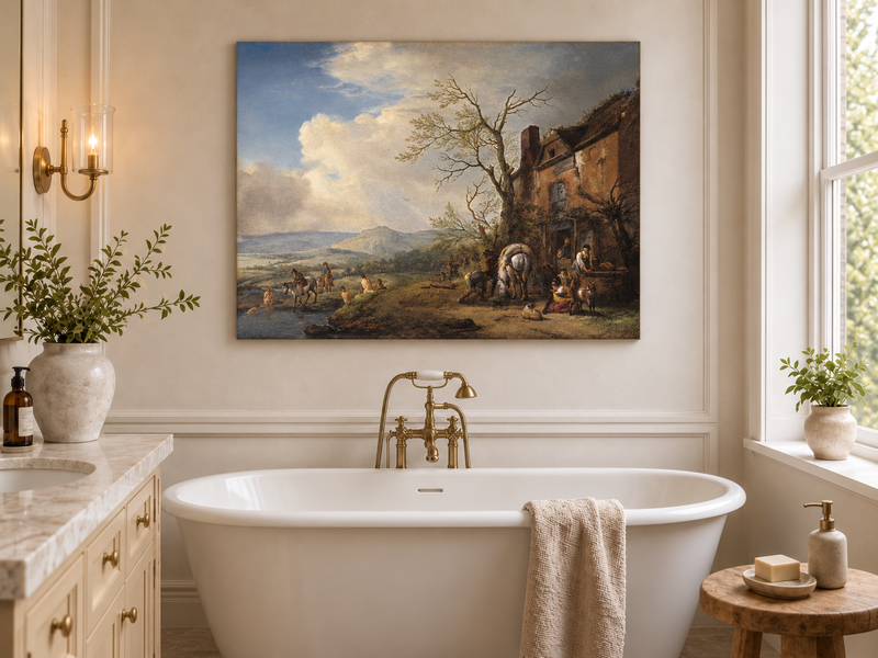Landscape Oil Painting - Riverside Inn with Horses and Figures