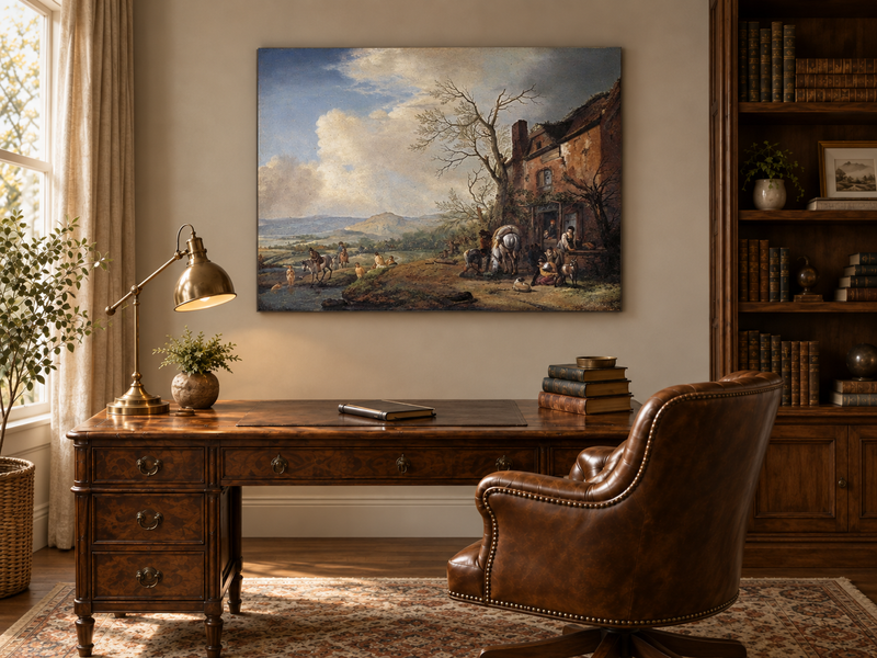 Landscape Oil Painting - Riverside Inn with Horses and Figures