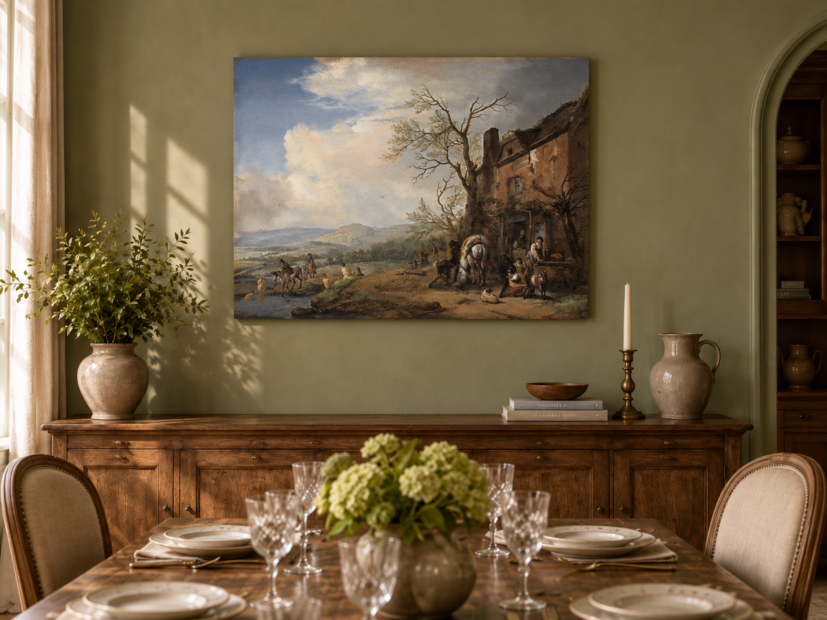 Landscape Oil Painting - Riverside Inn with Horses and Figures