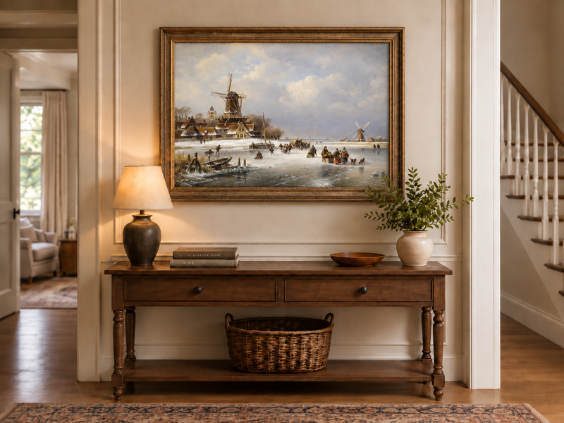 Peinture à l'huile de paysage - Moulins à vent d'hiver sur canal gelé