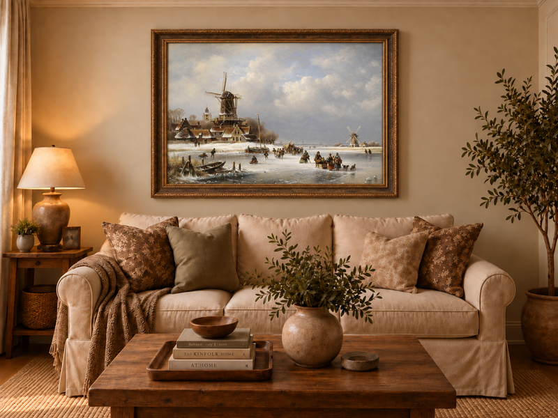 Peinture à l'huile de paysage - Moulins à vent d'hiver sur canal gelé