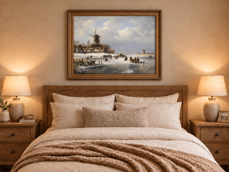 Peinture à l'huile de paysage - Moulins à vent d'hiver sur canal gelé