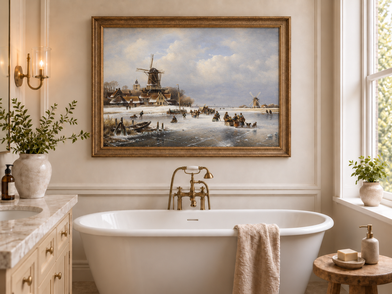 Peinture à l'huile de paysage - Moulins à vent d'hiver sur canal gelé