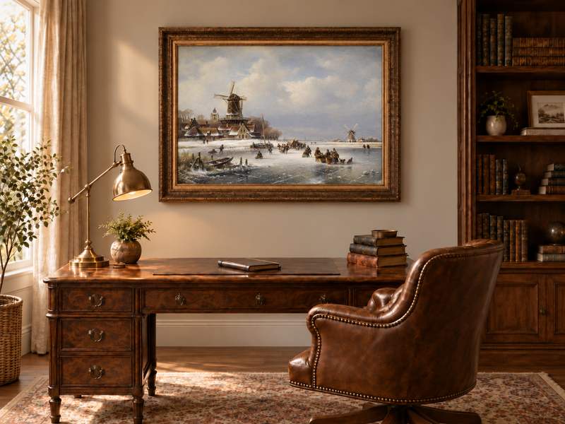 Peinture à l'huile de paysage - Moulins à vent d'hiver sur canal gelé