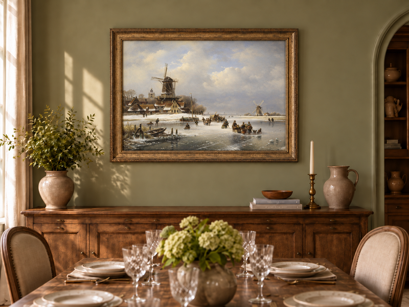 Peinture à l'huile de paysage - Moulins à vent d'hiver sur canal gelé