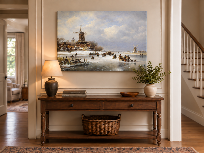 Peinture à l'huile de paysage - Moulins à vent d'hiver sur canal gelé