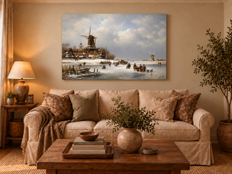 Peinture à l'huile de paysage - Moulins à vent d'hiver sur canal gelé