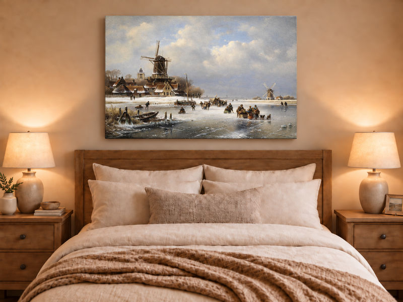 Peinture à l'huile de paysage - Moulins à vent d'hiver sur canal gelé