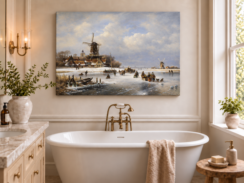Peinture à l'huile de paysage - Moulins à vent d'hiver sur canal gelé