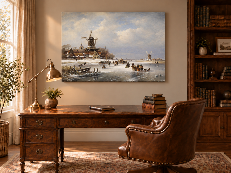 Peinture à l'huile de paysage - Moulins à vent d'hiver sur canal gelé