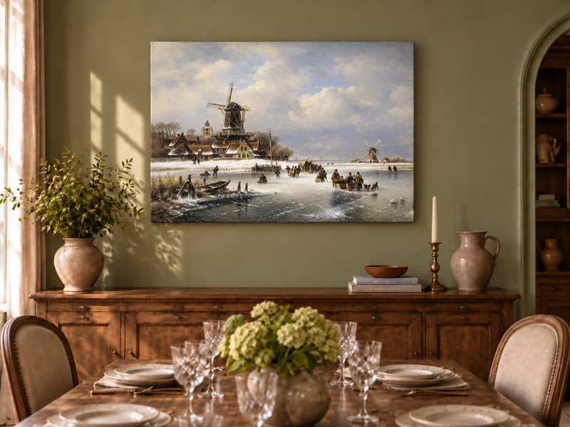 Peinture à l'huile de paysage - Moulins à vent d'hiver sur canal gelé