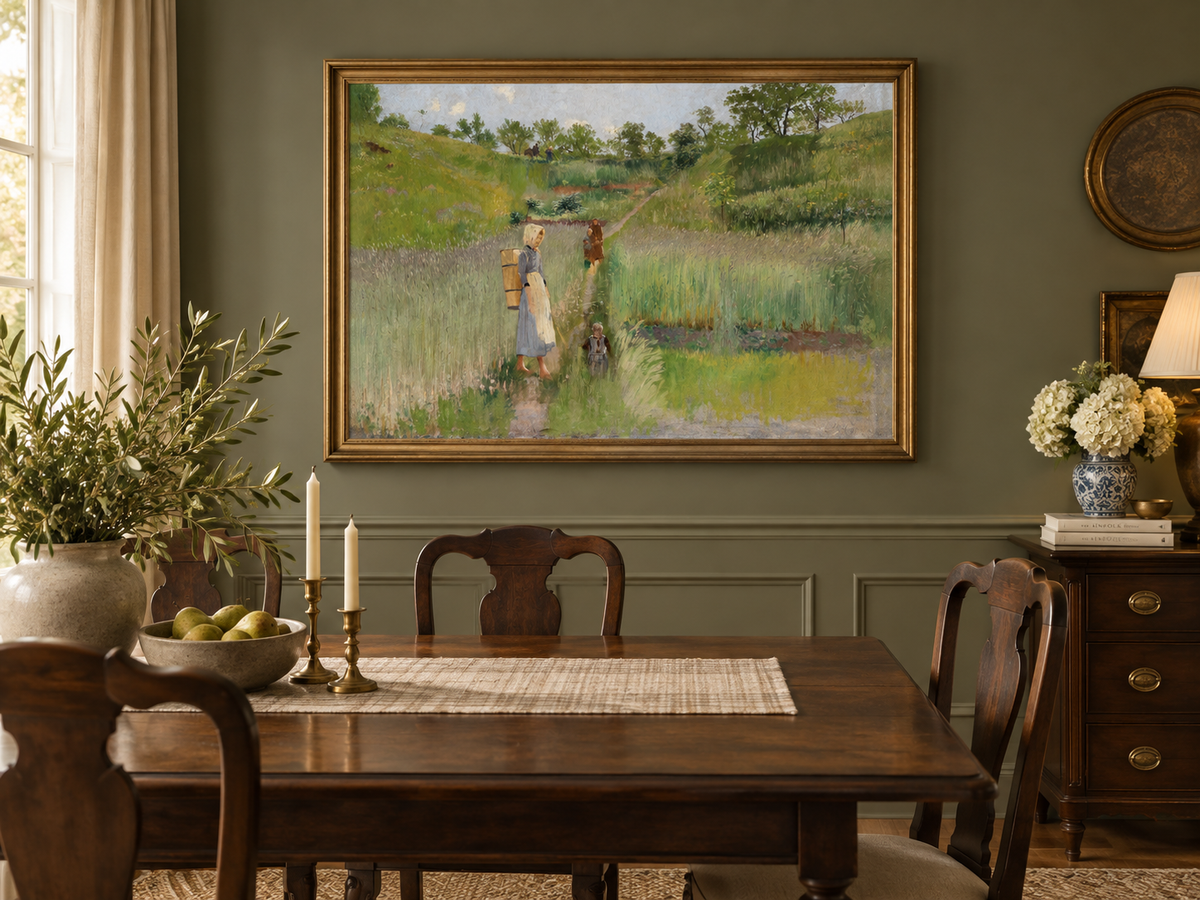 Landscape Oil Painting - Pastoral Path: Woman, Children & Field