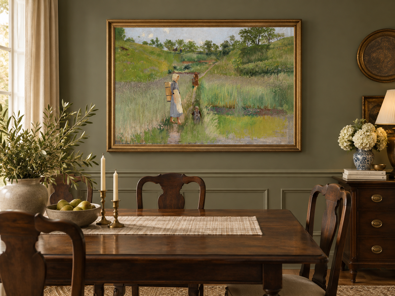 Landscape Oil Painting - Pastoral Path: Woman, Children & Field