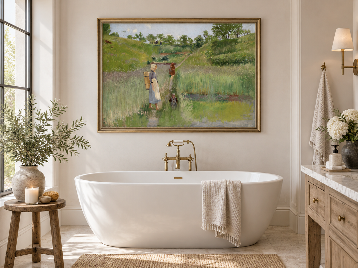 Landscape Oil Painting - Pastoral Path: Woman, Children & Field