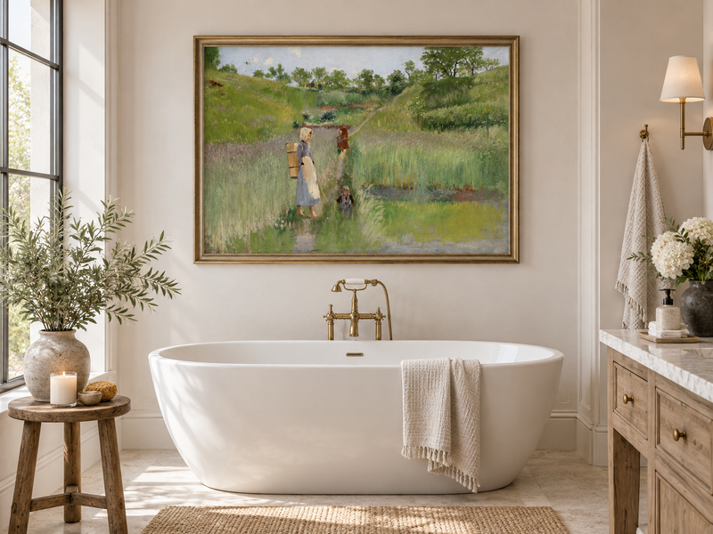 Landscape Oil Painting - Pastoral Path: Woman, Children & Field
