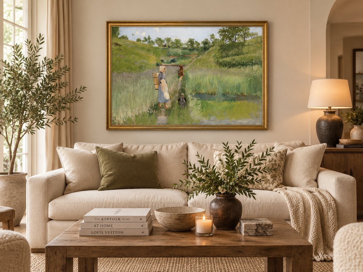 Landscape Oil Painting - Pastoral Path: Woman, Children & Field