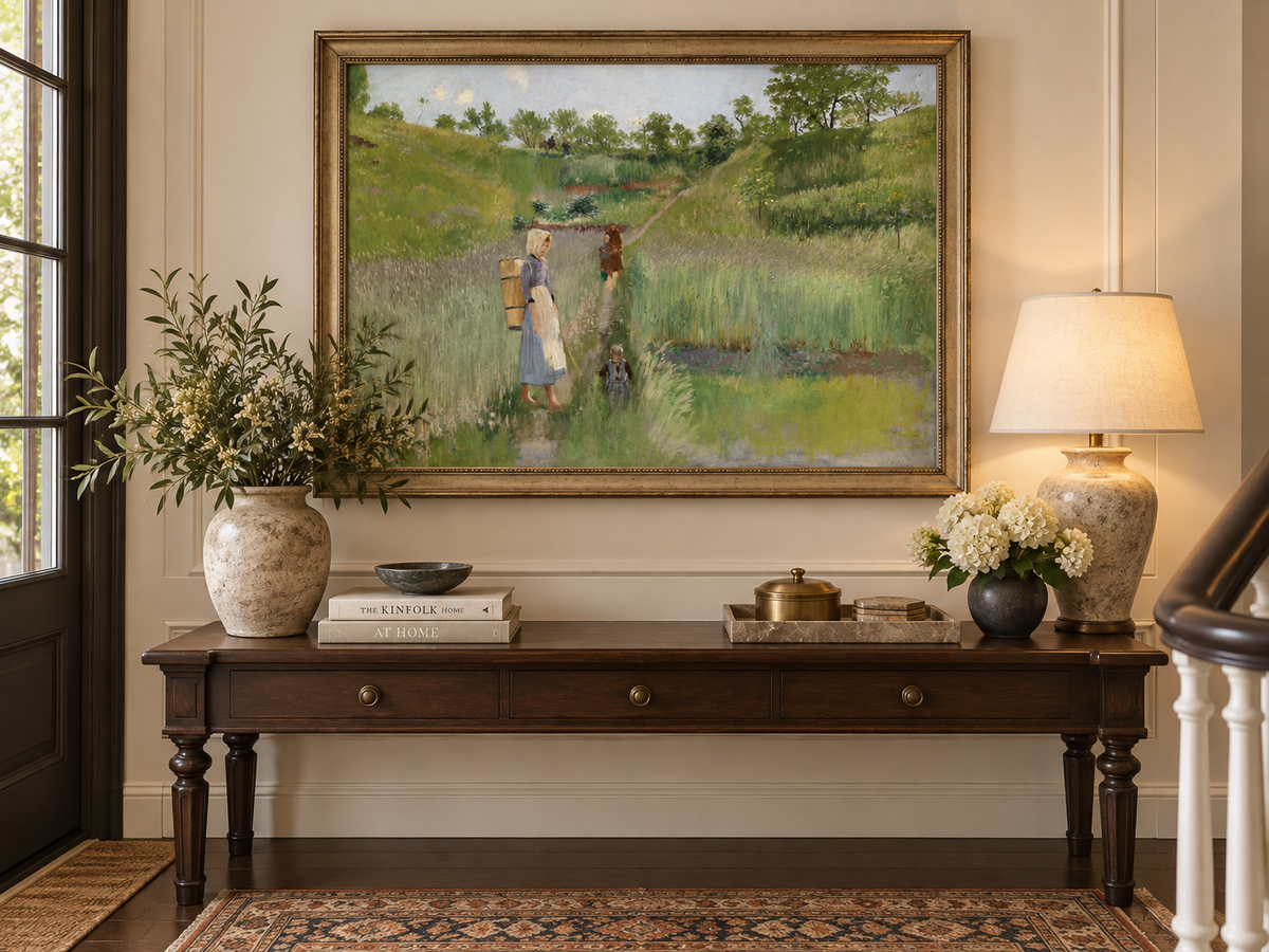 Landscape Oil Painting - Pastoral Path: Woman, Children & Field
