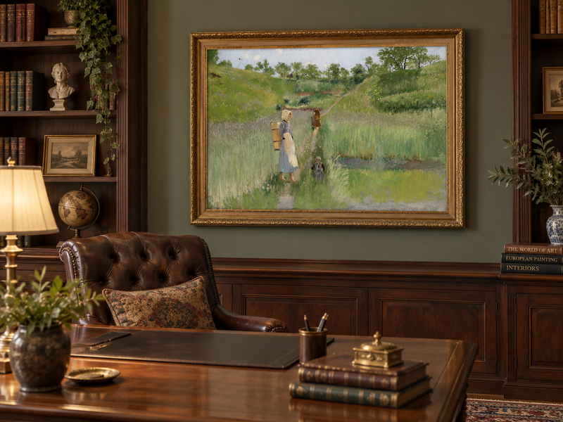 Landscape Oil Painting - Pastoral Path: Woman, Children & Field
