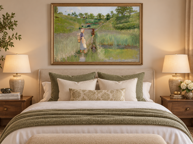 Landscape Oil Painting - Pastoral Path: Woman, Children & Field
