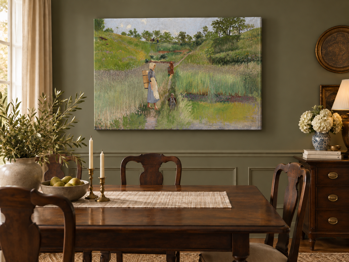 Landscape Oil Painting - Pastoral Path: Woman, Children & Field
