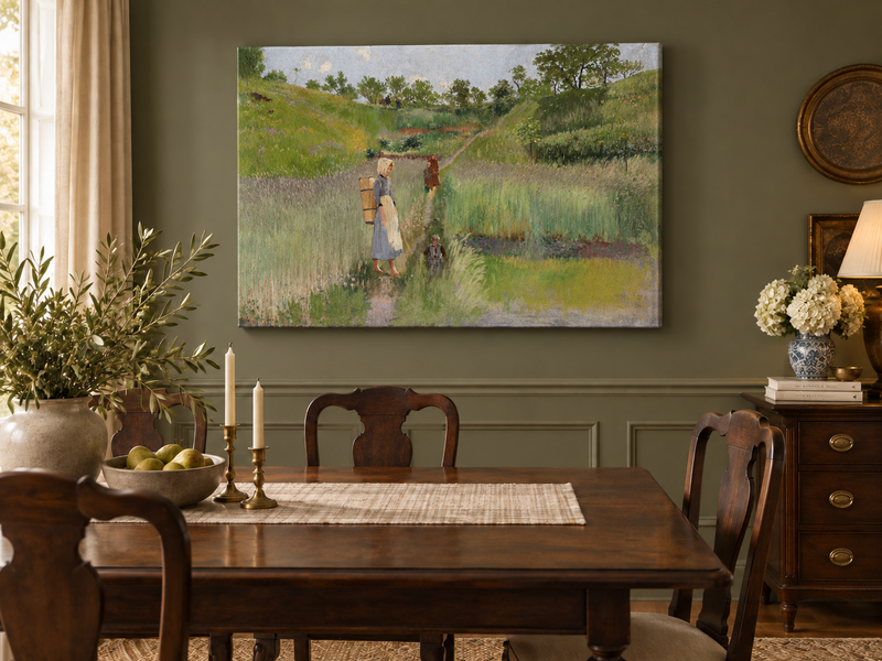 Landscape Oil Painting - Pastoral Path: Woman, Children & Field
