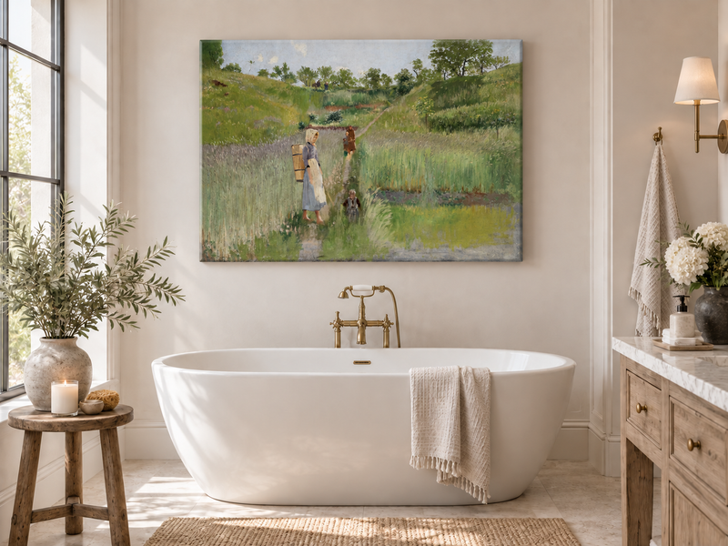 Landscape Oil Painting - Pastoral Path: Woman, Children & Field
