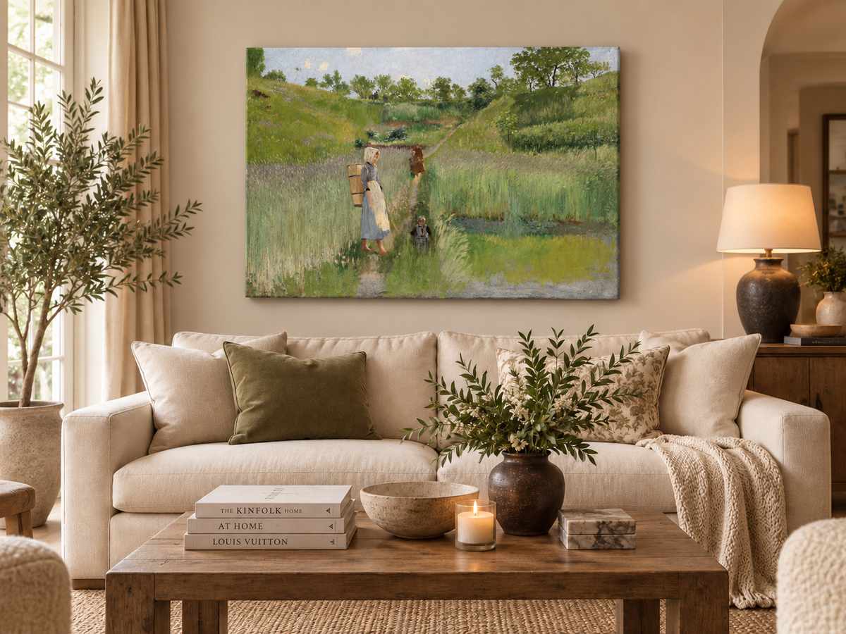 Landscape Oil Painting - Pastoral Path: Woman, Children & Field