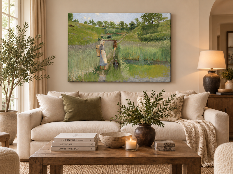 Landscape Oil Painting - Pastoral Path: Woman, Children & Field