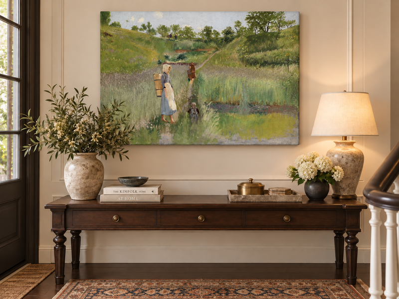 Landscape Oil Painting - Pastoral Path: Woman, Children & Field