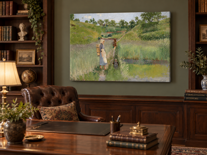 Landscape Oil Painting - Pastoral Path: Woman, Children & Field