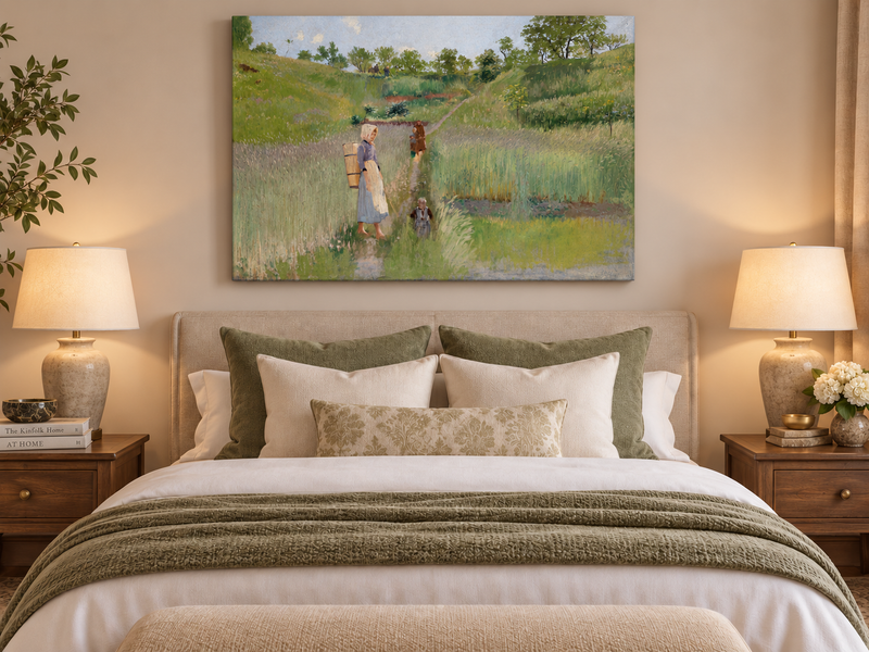Landscape Oil Painting - Pastoral Path: Woman, Children & Field