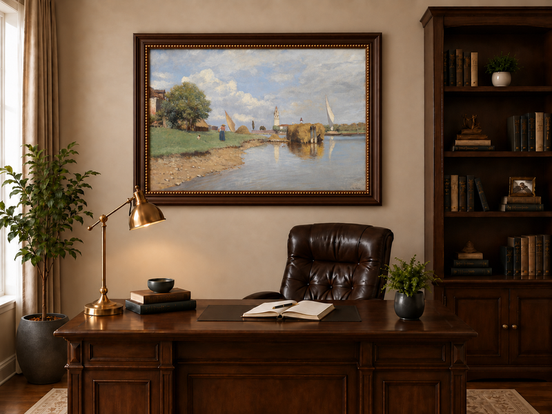 Peinture à l'huile de paysage - Canal, péniche de foin, femme et cloche lointaine