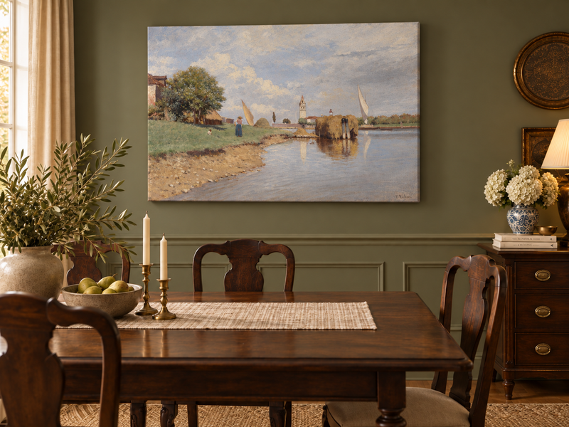 Peinture à l'huile de paysage - Canal, péniche de foin, femme et cloche lointaine