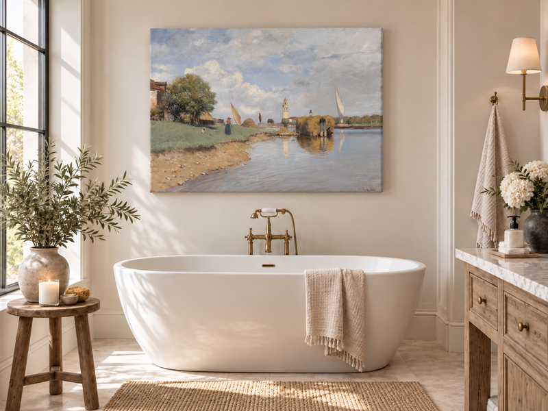 Peinture à l'huile de paysage - Canal, péniche de foin, femme et cloche lointaine