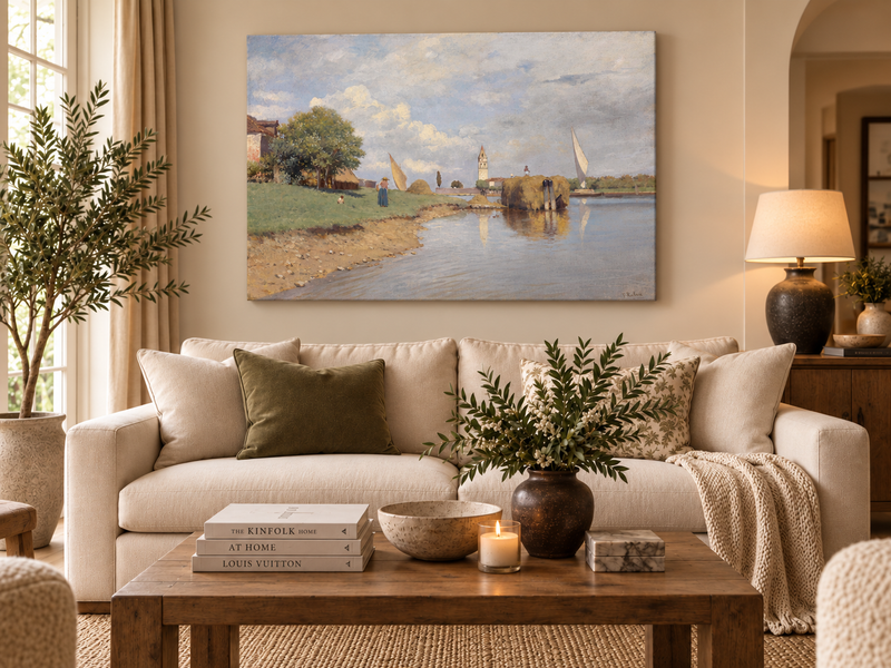 Peinture à l'huile de paysage - Canal, péniche de foin, femme et cloche lointaine
