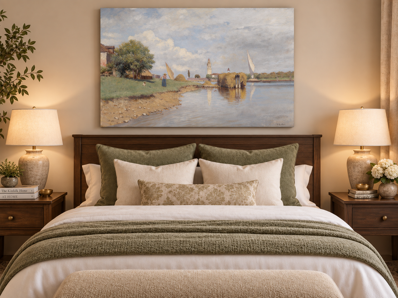 Peinture à l'huile de paysage - Canal, péniche de foin, femme et cloche lointaine