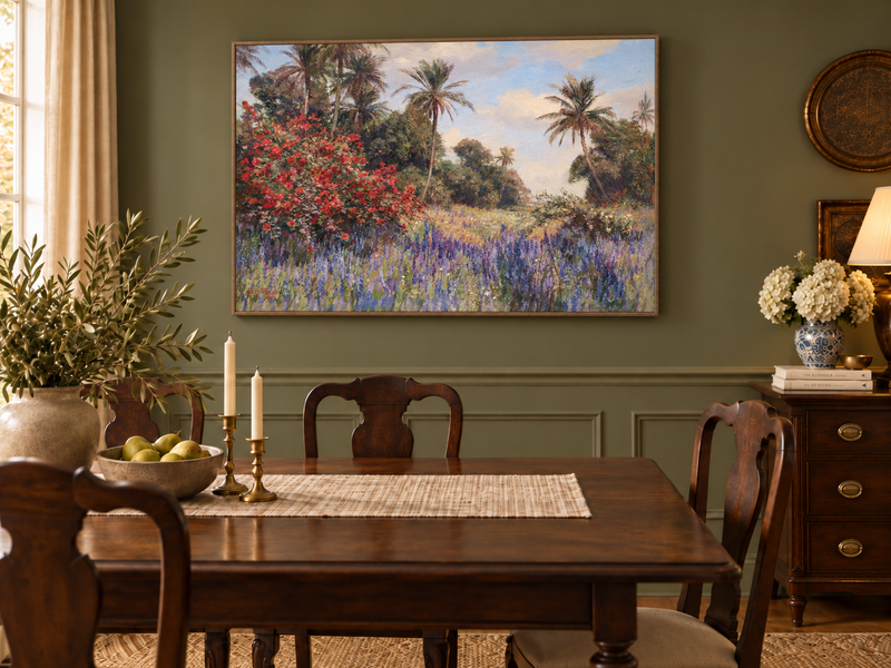 Peinture à l'huile de paysage - Jardin tropical : Fleurs rouges et violettes
