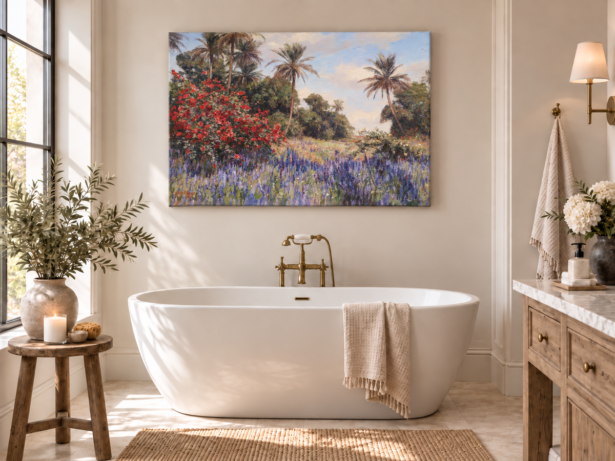 Peinture à l'huile de paysage - Jardin tropical : Fleurs rouges et violettes