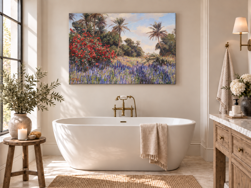 Peinture à l'huile de paysage - Jardin tropical : Fleurs rouges et violettes