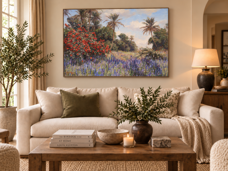 Peinture à l'huile de paysage - Jardin tropical : Fleurs rouges et violettes