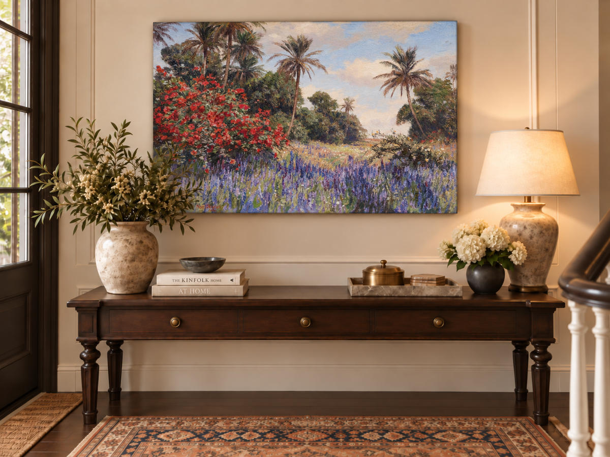 Peinture à l'huile de paysage - Jardin tropical : Fleurs rouges et violettes