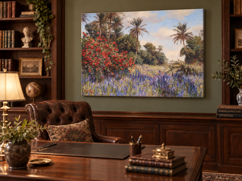 Peinture à l'huile de paysage - Jardin tropical : Fleurs rouges et violettes
