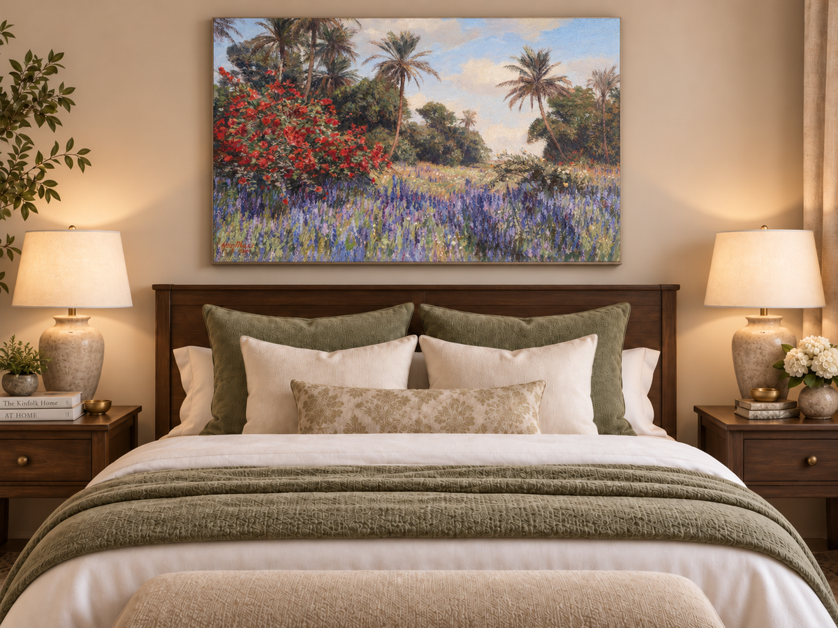 Peinture à l'huile de paysage - Jardin tropical : Fleurs rouges et violettes