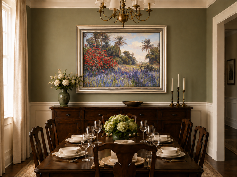 Peinture à l'huile de paysage - Jardin tropical : Fleurs rouges et violettes
