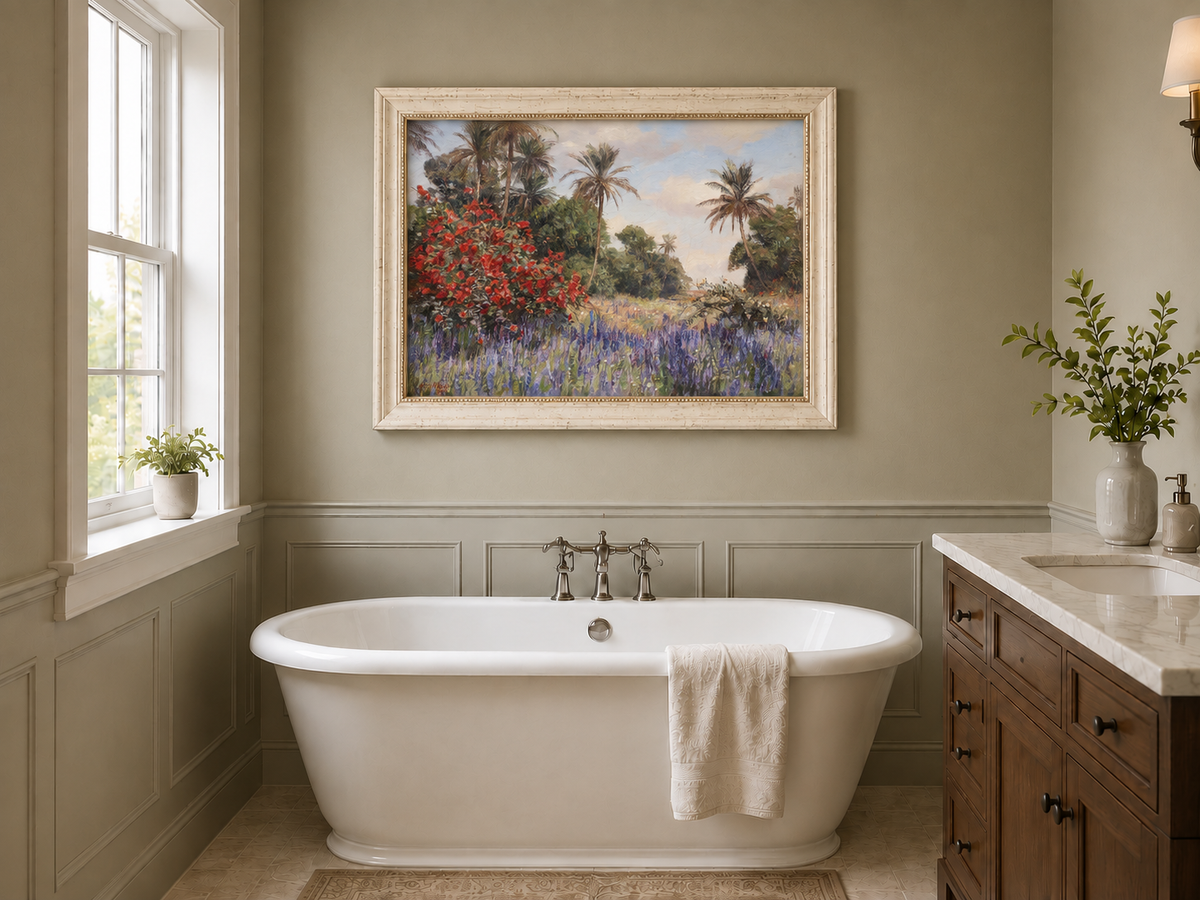 Peinture à l'huile de paysage - Jardin tropical : Fleurs rouges et violettes