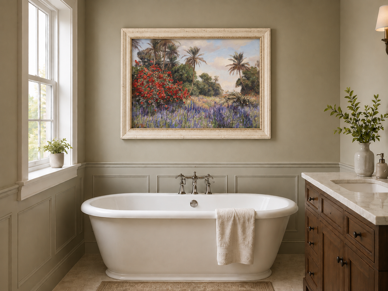 Peinture à l'huile de paysage - Jardin tropical : Fleurs rouges et violettes