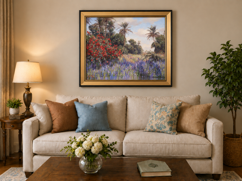 Peinture à l'huile de paysage - Jardin tropical : Fleurs rouges et violettes
