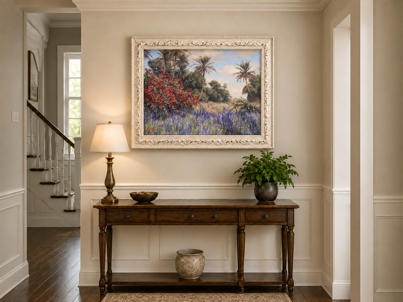 Peinture à l'huile de paysage - Jardin tropical : Fleurs rouges et violettes