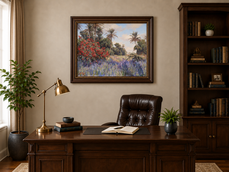 Peinture à l'huile de paysage - Jardin tropical : Fleurs rouges et violettes