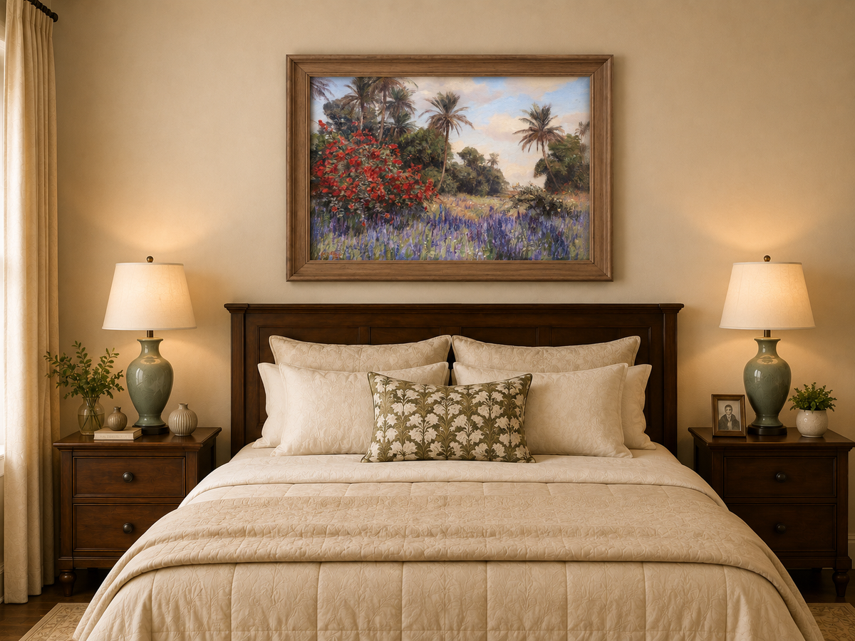 Peinture à l'huile de paysage - Jardin tropical : Fleurs rouges et violettes